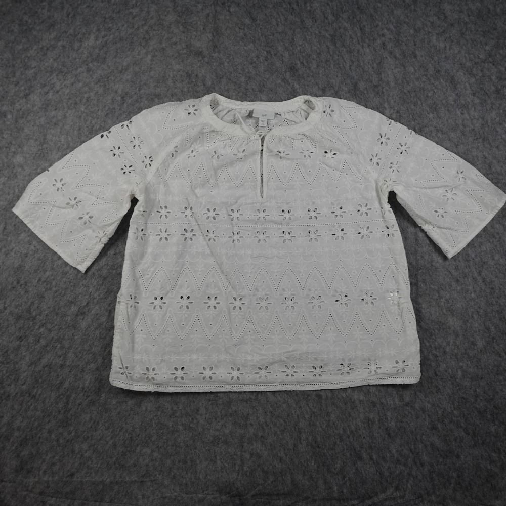J Jill Top Women Medium Petite White Cotton Eyelet Embroidered Boho Cottagecore